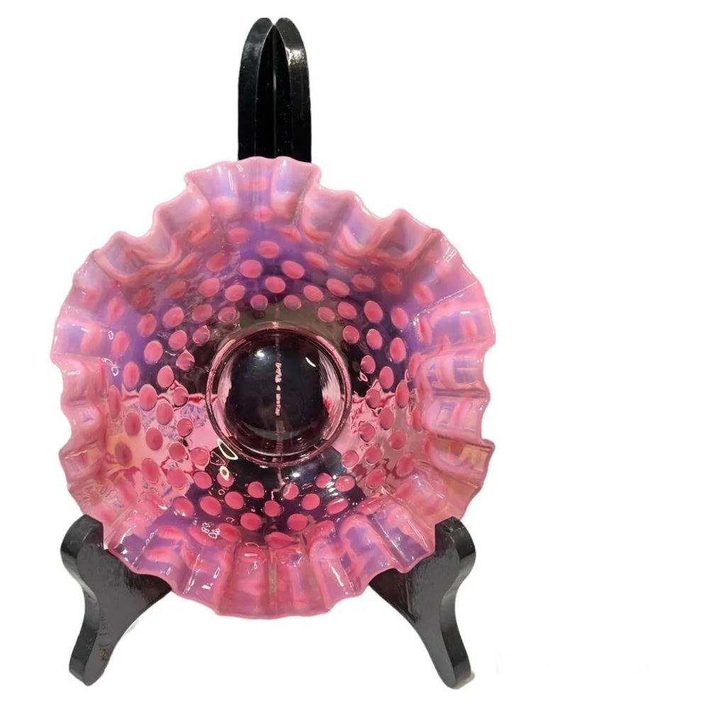 Fenton Opalescent Cranberry Glass Hobnail Bon Bon with Ruffled Edge.